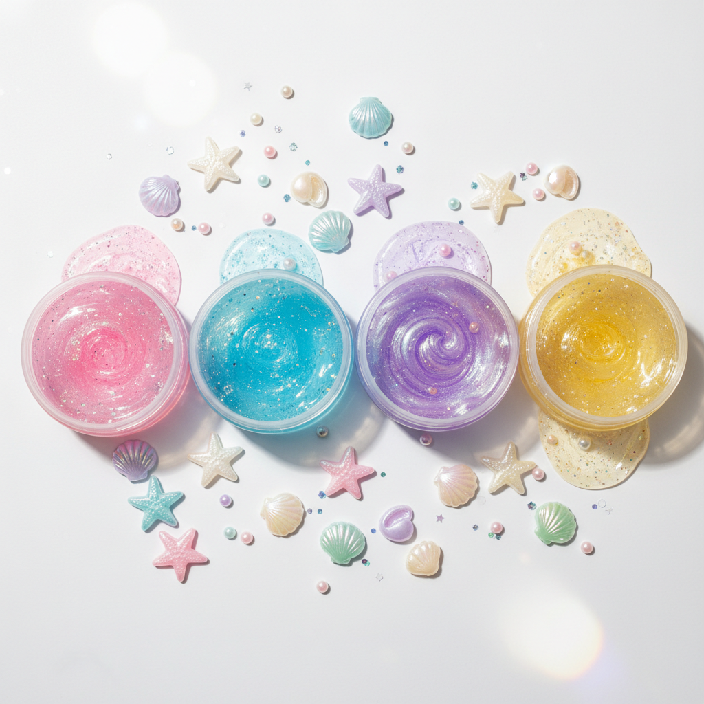 Flat lay des 4 couleurs de slime sirène avec perles étoile de mer