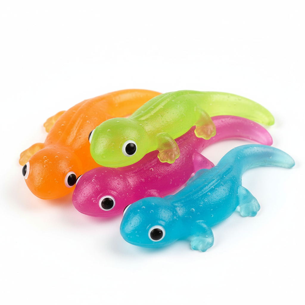 Collection de salamandres squishy colorées en TPR – orange, vert, rose, bleu