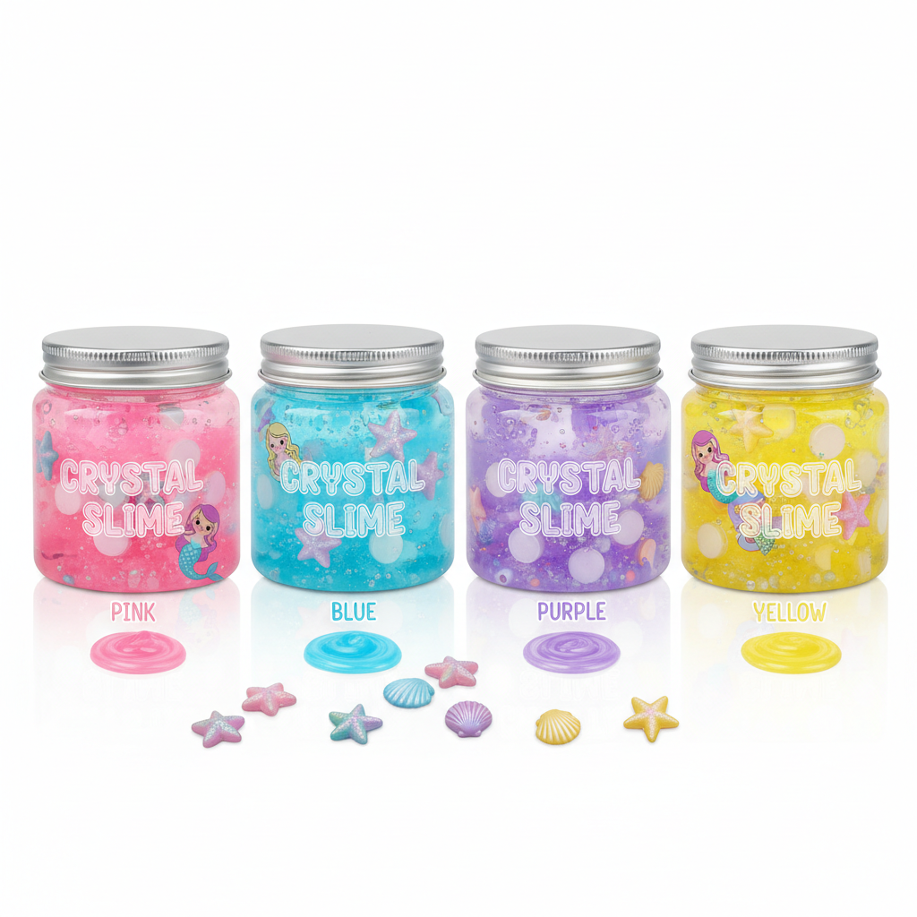 Slime Crystal Mud Sirène – 4 couleurs avec perles étoile de mer sur fond blanc