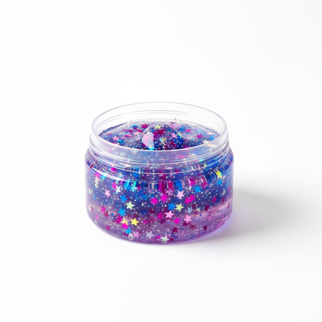 Slime Starry Crystal Mud – pot 60ml avec étoiles glitter sur fond blanc