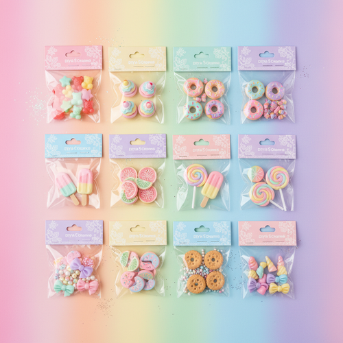 Flatlay des 12 assortiments de charms bonbons DIY