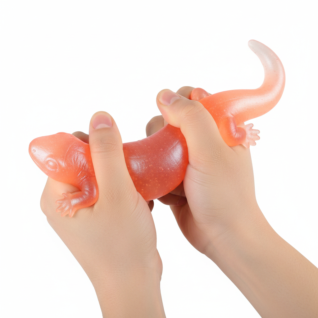 Mains pressant la salamandre squishy TPR – effet rebond lent