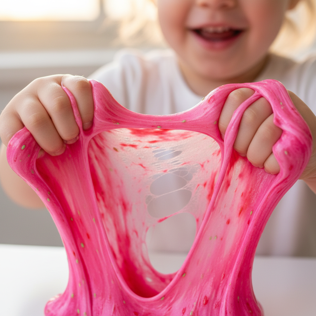 Mains d’enfant jouant avec le slime fraise rose cotton mud