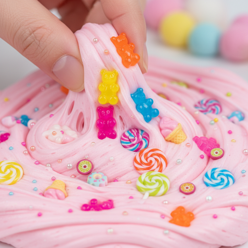 Charms bonbons dans du slime rose close-up