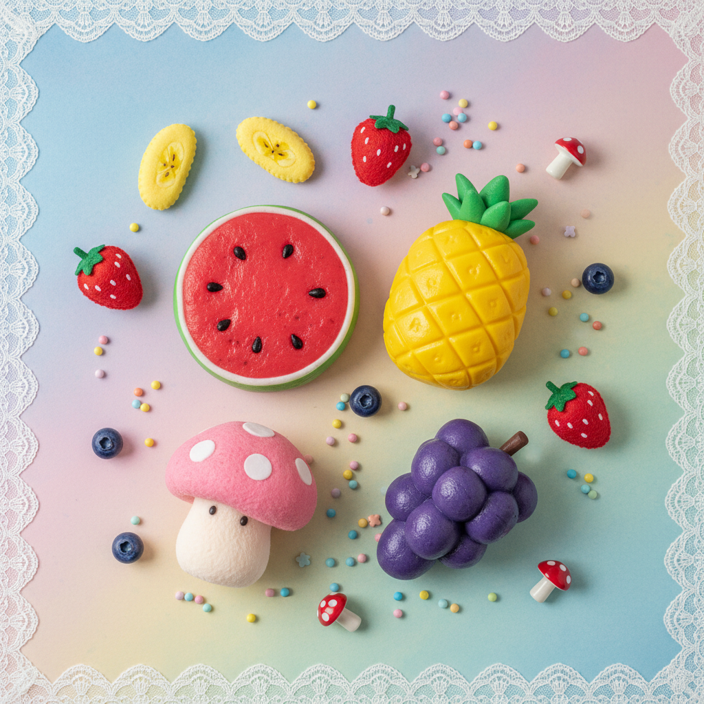 Flatlay silk mud slime motifs fruitis pastèque ananas raisin