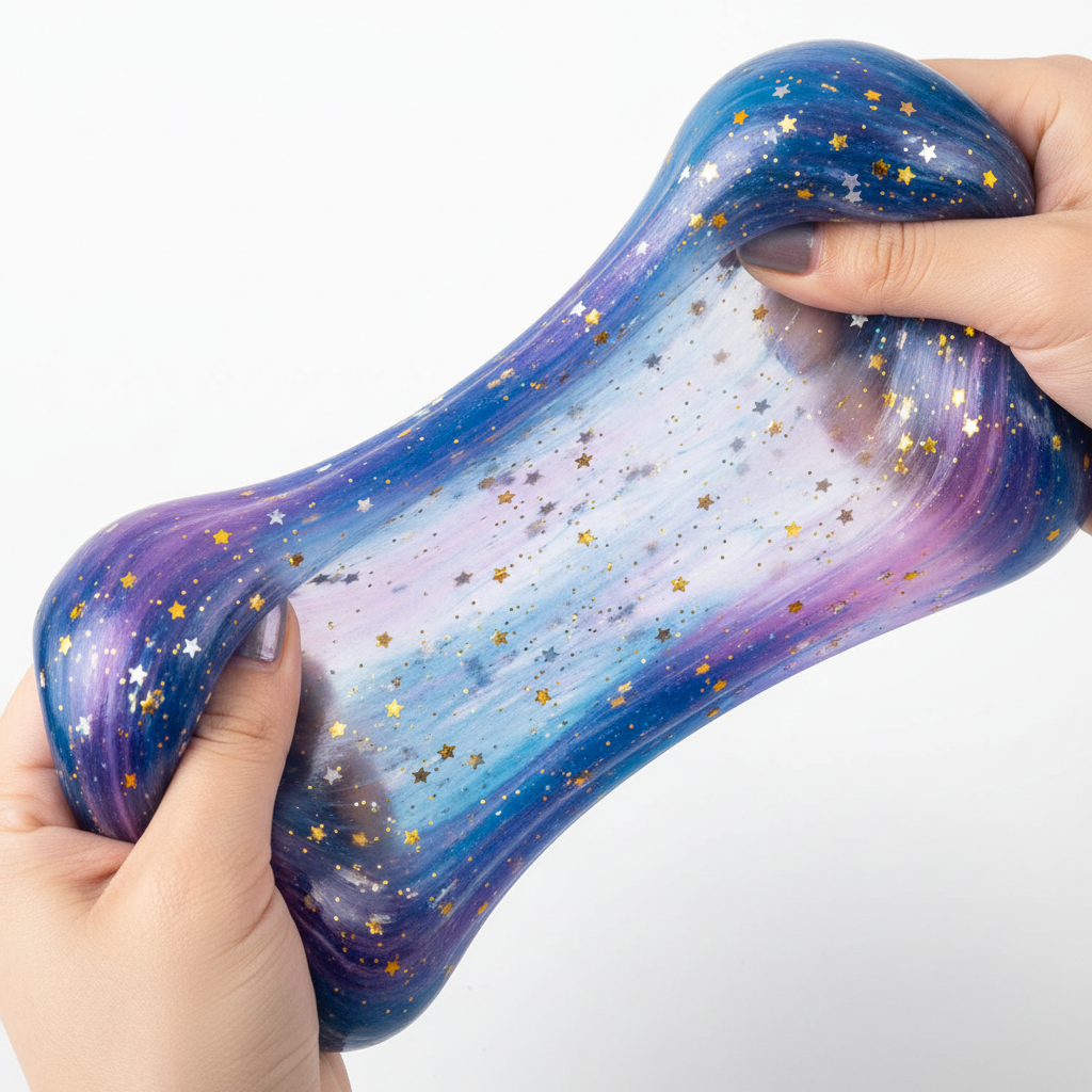 Mains étirant le slime crystal étoilé aux couleurs galaxy