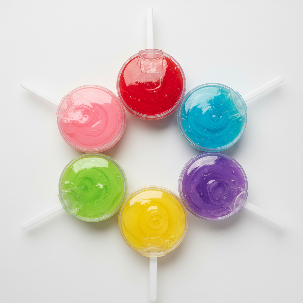 Flat lay des 6 slimes lollipop colorés en cercle sur fond blanc