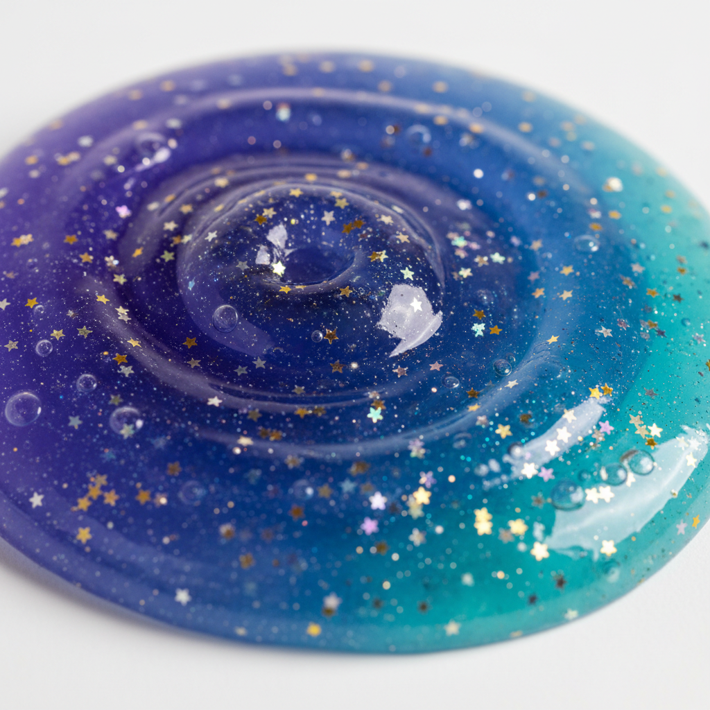 Gros plan texture crystal mud étoilé – étoiles or et argent dans slime indigo