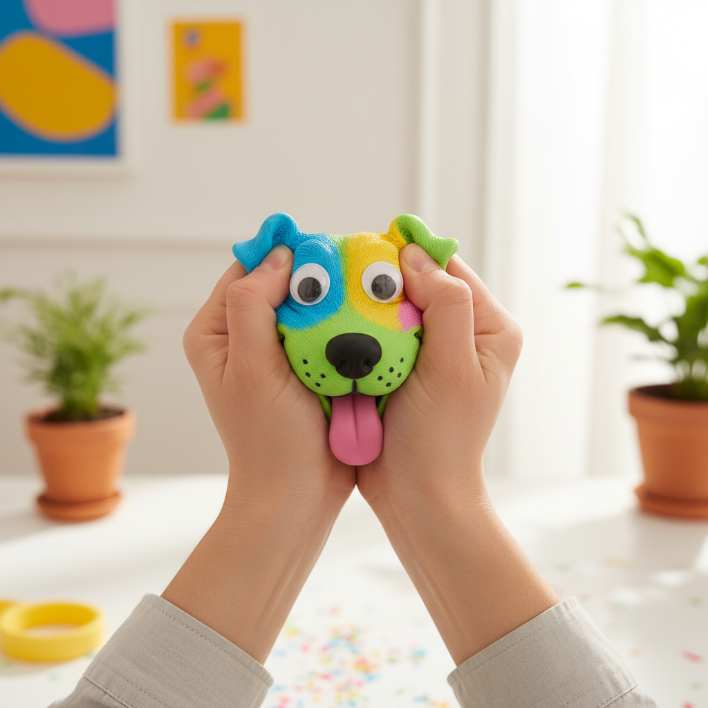 Personne jouant avec le squishy visage chien anti-stress