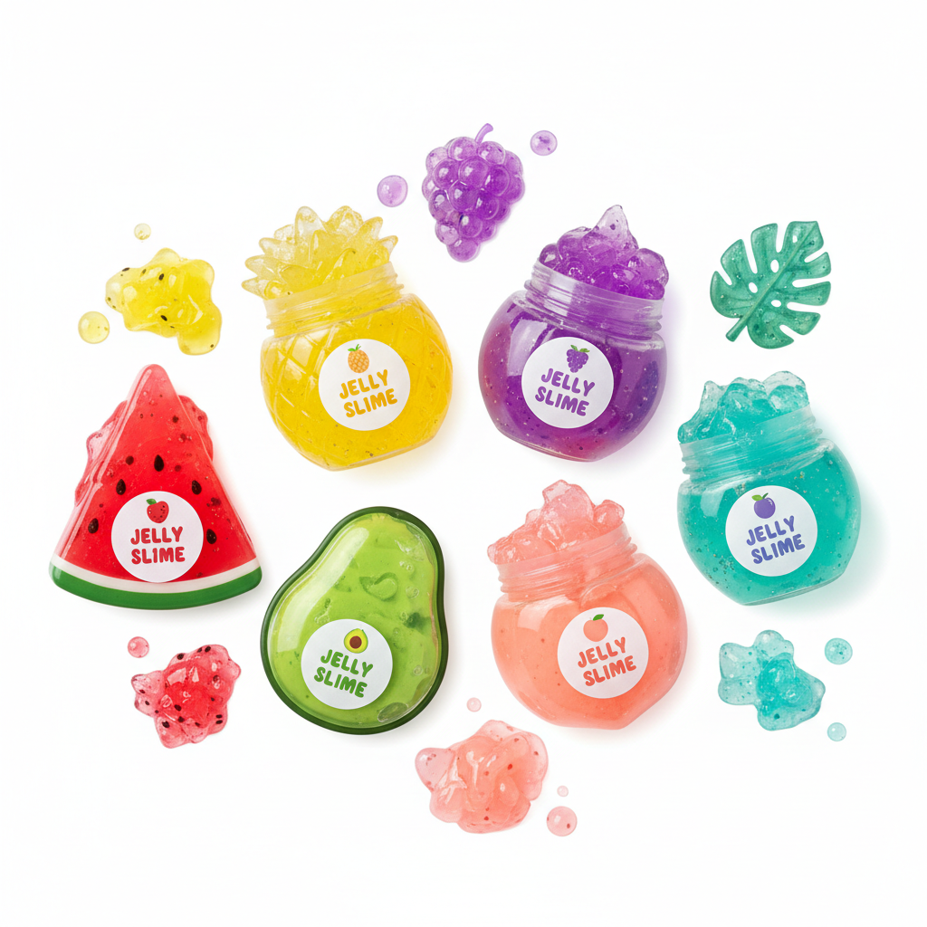 Slime Jelly Fruits Crystal Mud – 6 parfums sur fond blanc