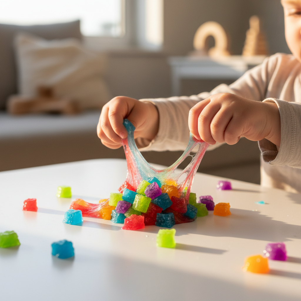 Mains d'enfant malaxant un slime jelly crystal fruité