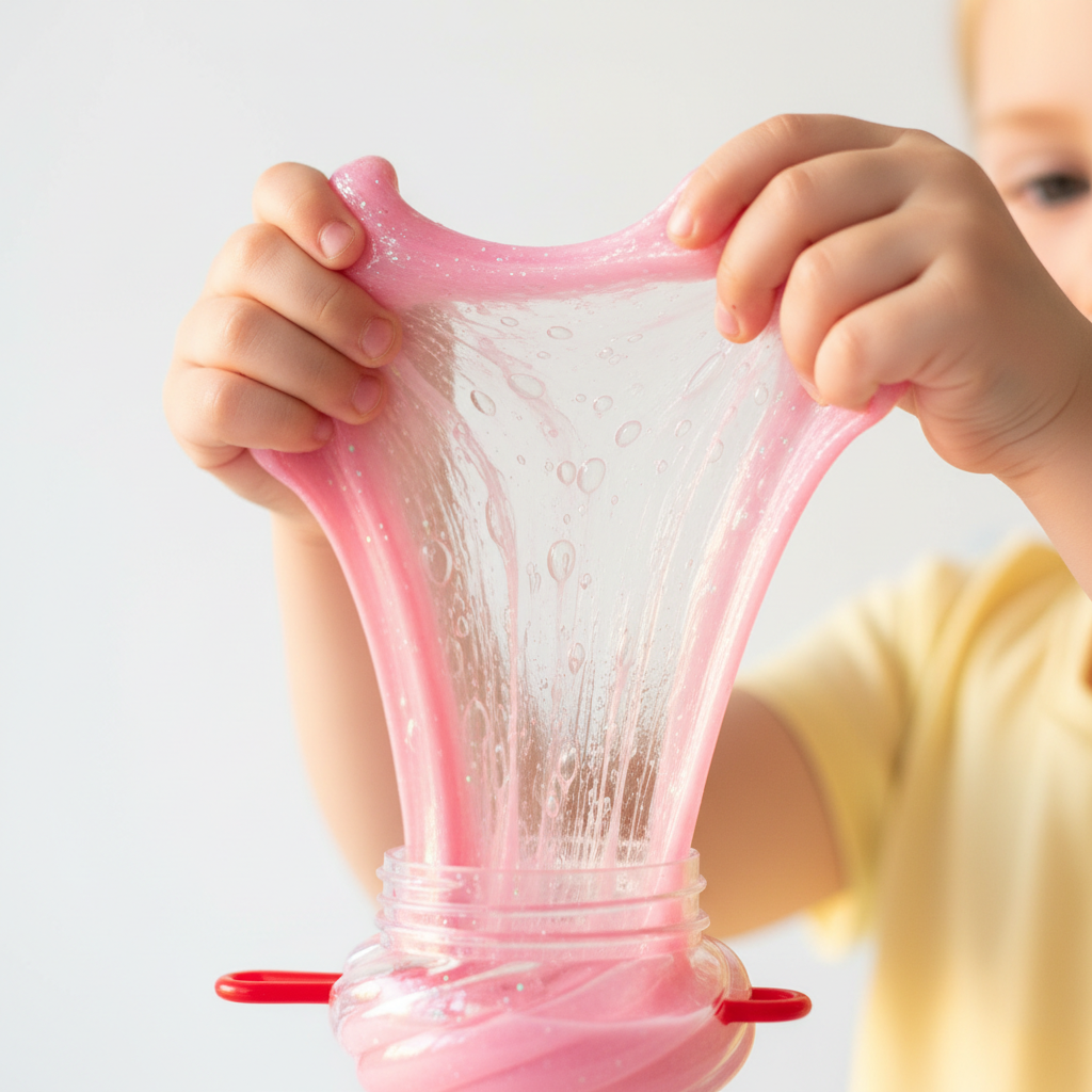 Mains d’enfant étirant un slime lollipop rose brillant